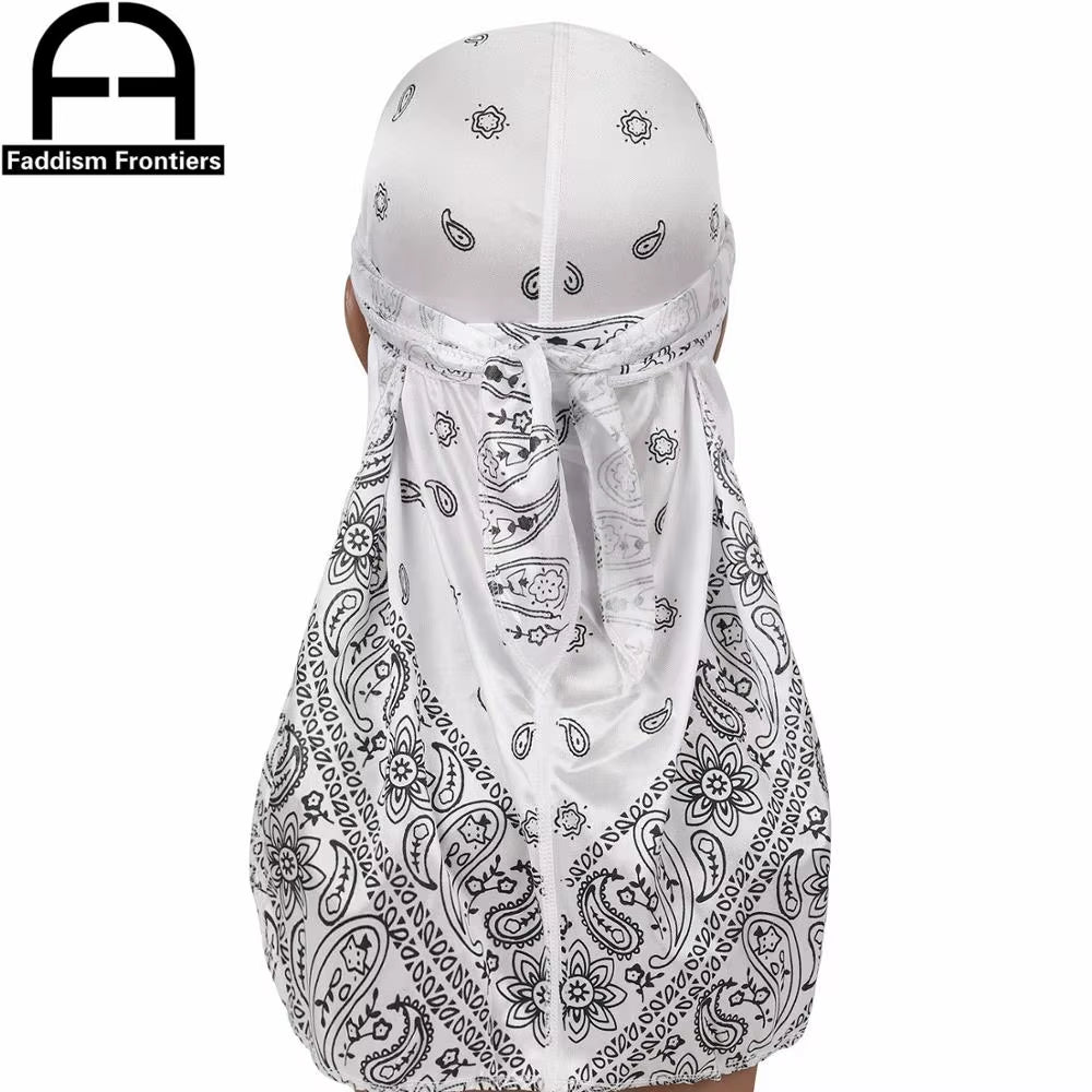 Fashion Men Silk Durag Paisley Printing Silky Durags Bandanas for Men Long Straps Headwear Head Scarf Wave Cap Headwrap Durags