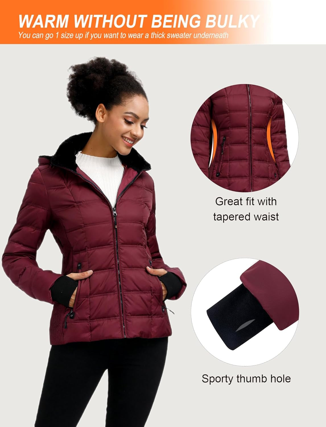 Women down Puffer Jacket Warm Hooded Winter down Puffer Coat with Faux-Fur Hood & Collar
