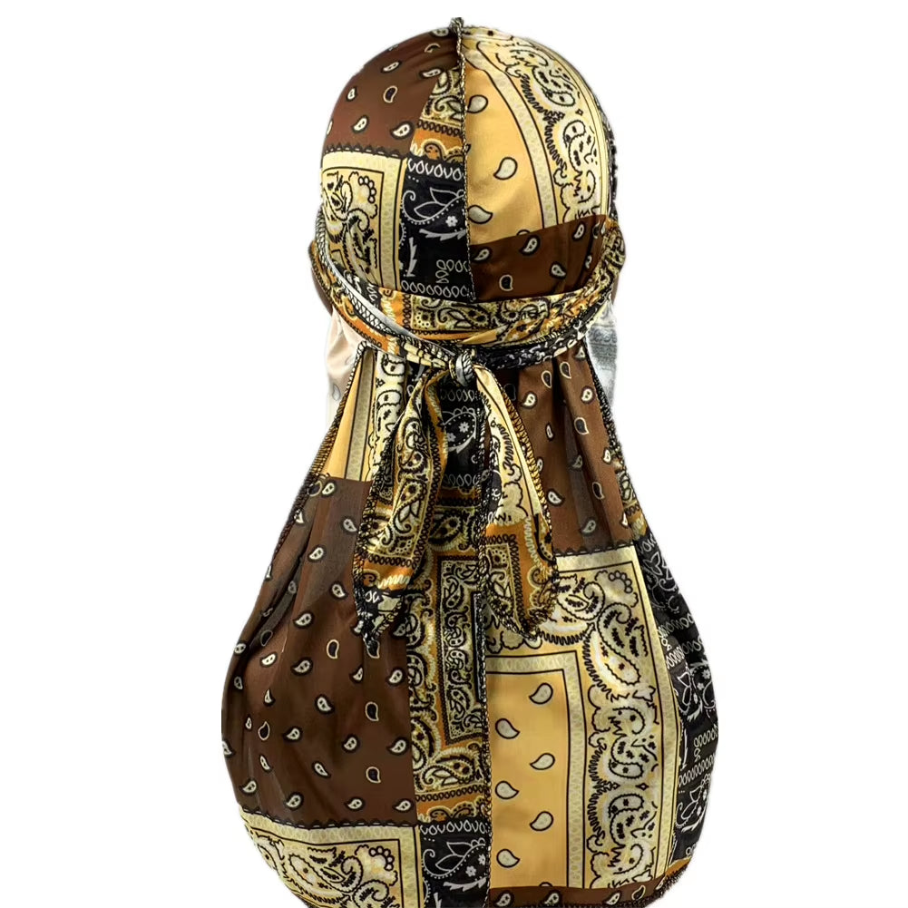 Fashion Men Silk Durag Paisley Printing Silky Durags Bandanas for Men Long Straps Headwear Head Scarf Wave Cap Headwrap Durags