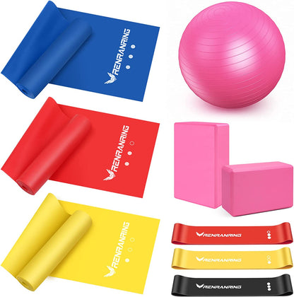 RENRANRING Exercise Ball for Yoga - 11-In-1 Yoga Ball Set with Resistance Bands, Yoga Block, Pump, Workout Balls for Exercise, Stability, Office Ball Chair, Home & Gyms (Pink)