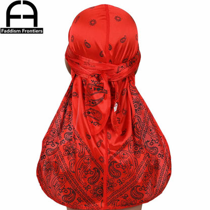 Fashion Men Silk Durag Paisley Printing Silky Durags Bandanas for Men Long Straps Headwear Head Scarf Wave Cap Headwrap Durags