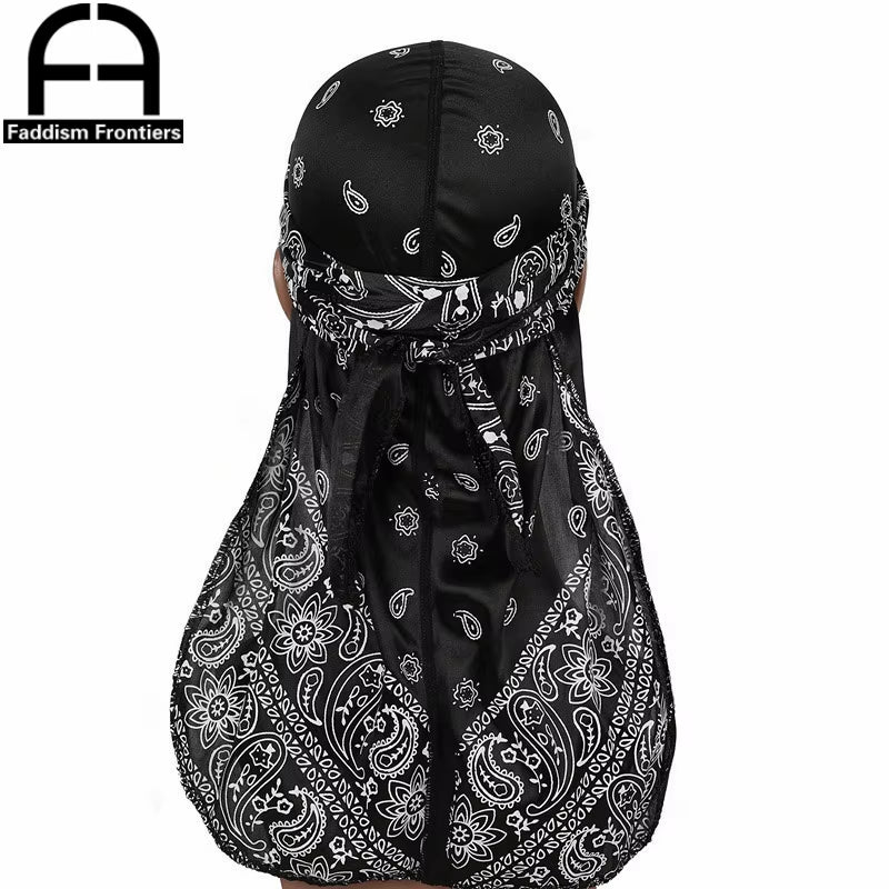 Fashion Men Silk Durag Paisley Printing Silky Durags Bandanas for Men Long Straps Headwear Head Scarf Wave Cap Headwrap Durags