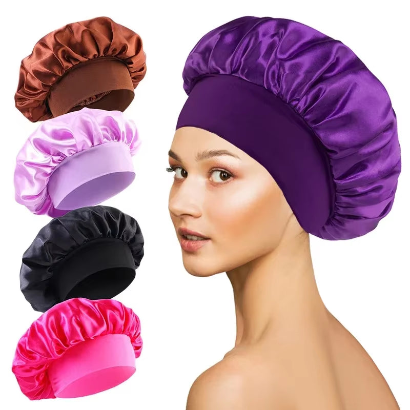1Pcs Soft Silk Satin Lined Bonnet Large Satin Hair Bonnet Household Sleep Shower Cap Hair Wrap Cover for Long Hair Salon Tool