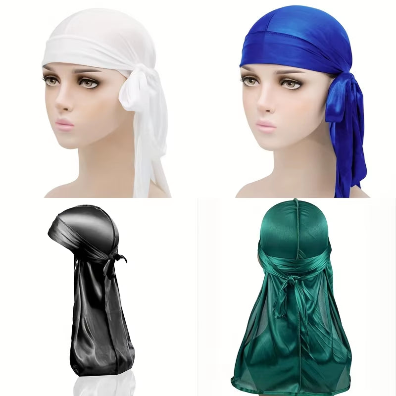 1-4Pcs New Silk Durag Bandana Turban Hat Men Breathable Long Tail Doo Rag for Men Durags Pirate Hat Headband