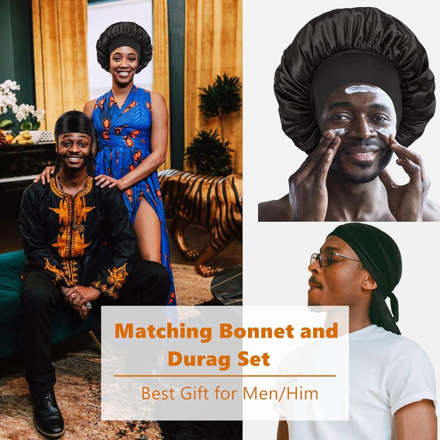 2 PCS Bonnet for Men,Silk Hair Bonnet for Sleeping Women,Matching Bonnets and Durag Set
