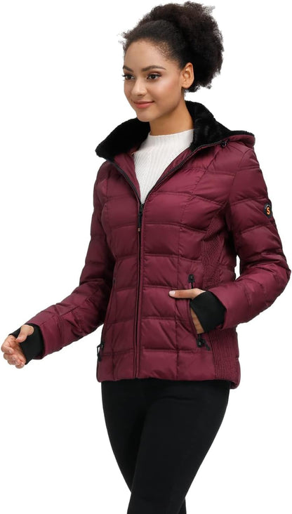 Women down Puffer Jacket Warm Hooded Winter down Puffer Coat with Faux-Fur Hood & Collar