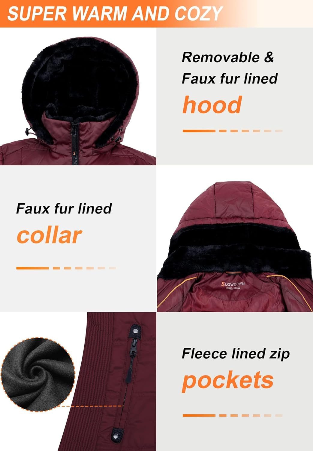 Women down Puffer Jacket Warm Hooded Winter down Puffer Coat with Faux-Fur Hood & Collar