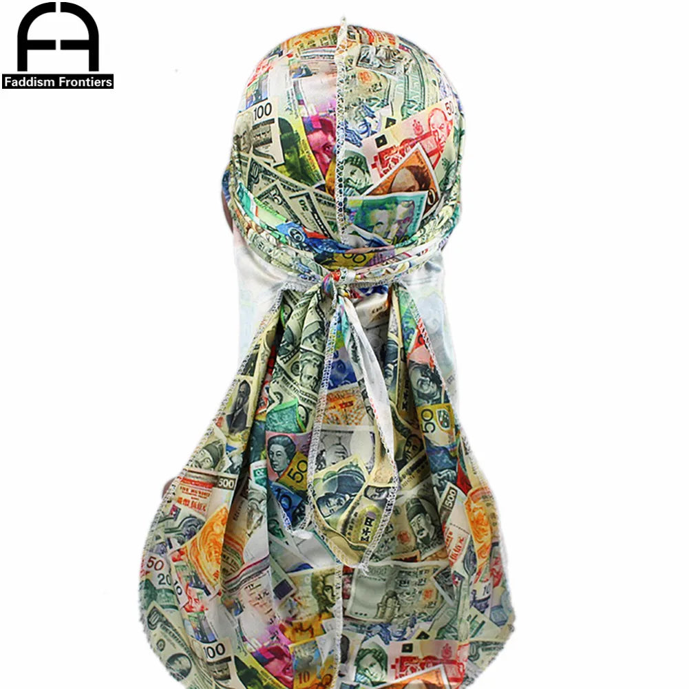 Men Silky Colorful Money Durag Bandanas for Men Silk Durag Long Straps Headwrap Hair Wave Brush Style Durag