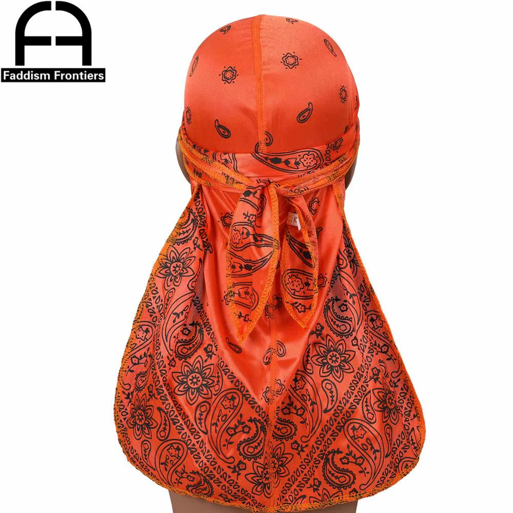 Fashion Men Silk Durag Paisley Printing Silky Durags Bandanas for Men Long Straps Headwear Head Scarf Wave Cap Headwrap Durags