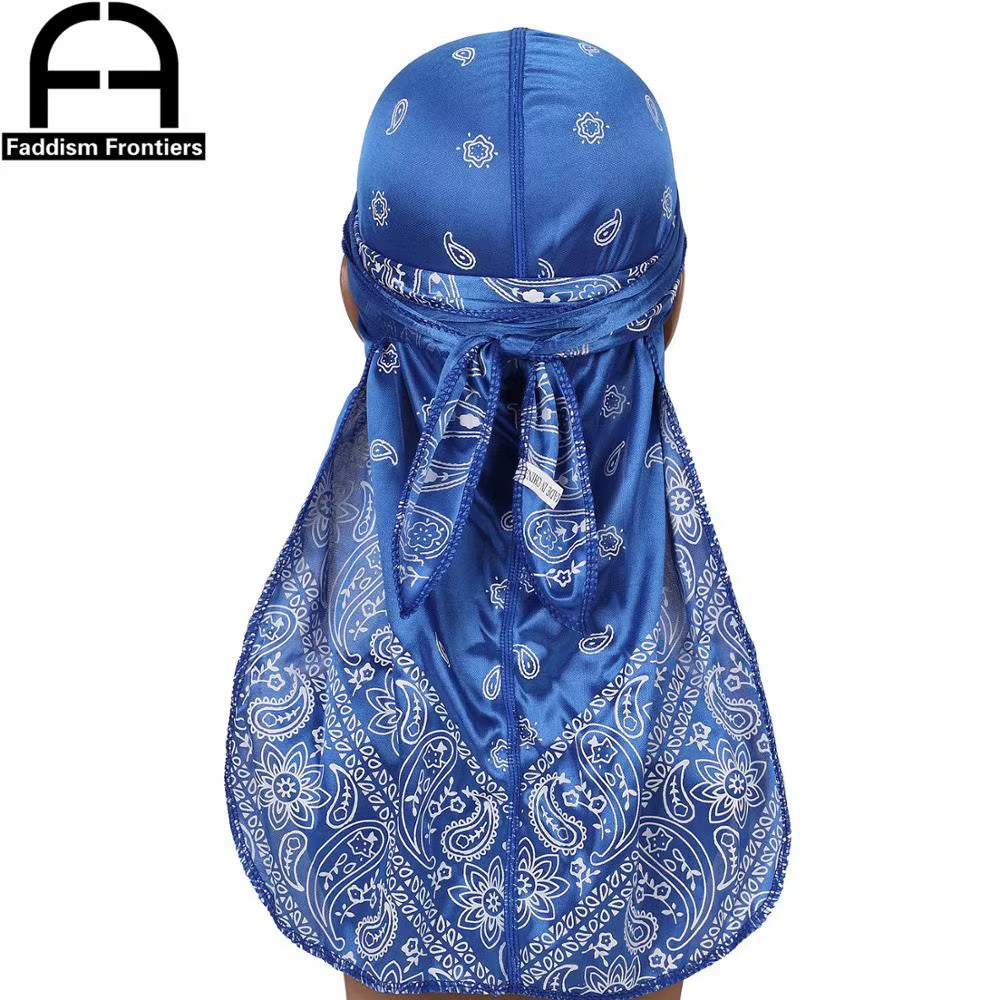 Fashion Men Silk Durag Paisley Printing Silky Durags Bandanas for Men Long Straps Headwear Head Scarf Wave Cap Headwrap Durags