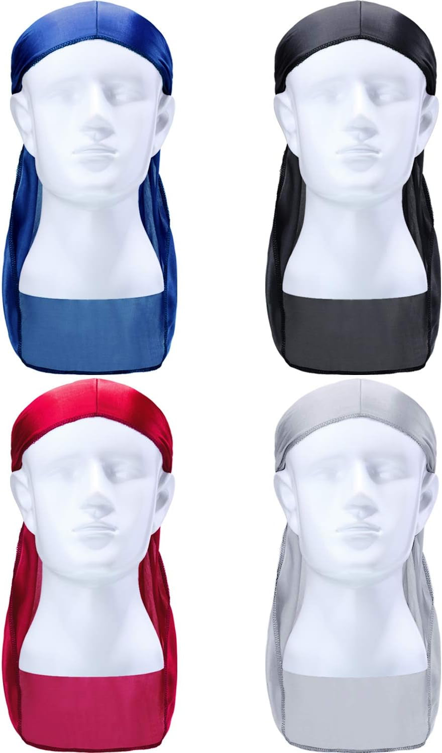 8 Pack Silky Durags for Men 4 Wave Cap 4 Long Tail Do Rags 360 Waves Elastic Headwraps for Men Women