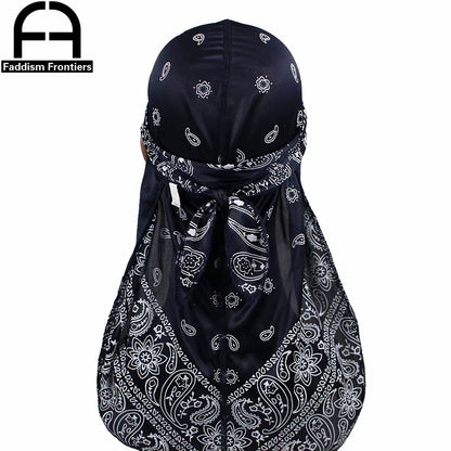 Fashion Men Silk Durag Paisley Printing Silky Durags Bandanas for Men Long Straps Headwear Head Scarf Wave Cap Headwrap Durags