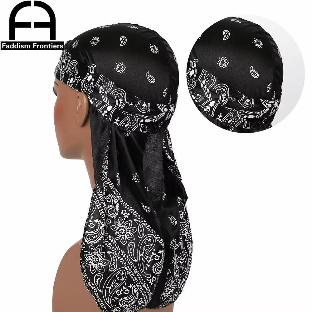 Fashion Men Silk Durag Paisley Printing Silky Durags Bandanas for Men Long Straps Headwear Head Scarf Wave Cap Headwrap Durags