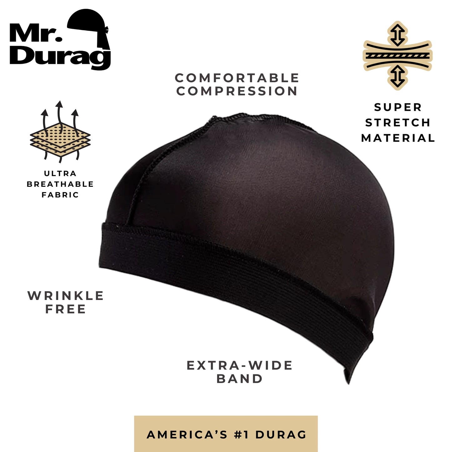 Black Stocking Wave Cap with Wide Band, 2 Count