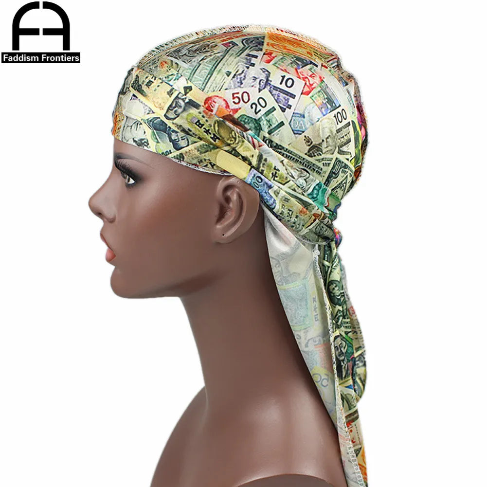 Men Silky Colorful Money Durag Bandanas for Men Silk Durag Long Straps Headwrap Hair Wave Brush Style Durag