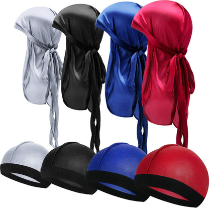 8 Pack Silky Durags for Men 4 Wave Cap 4 Long Tail Do Rags 360 Waves Elastic Headwraps for Men Women